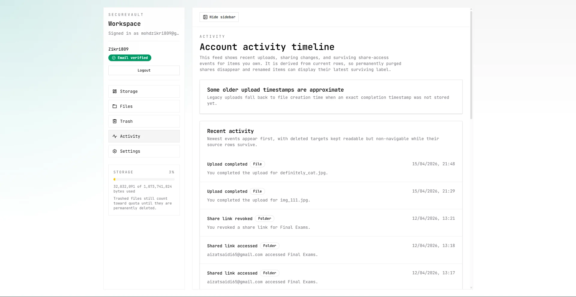 SecureVault activity section