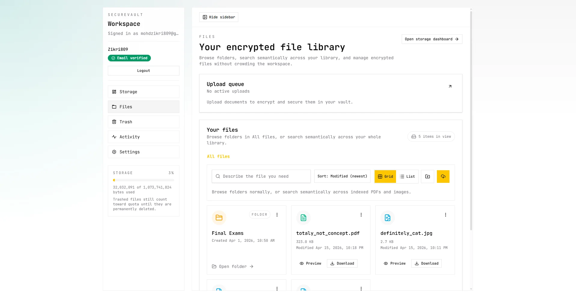 SecureVault files section