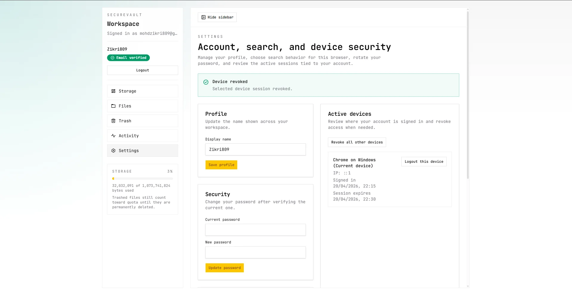 SecureVault settings section