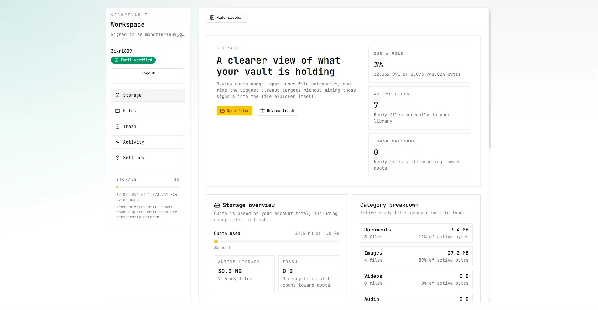 SecureVault storage dashboard