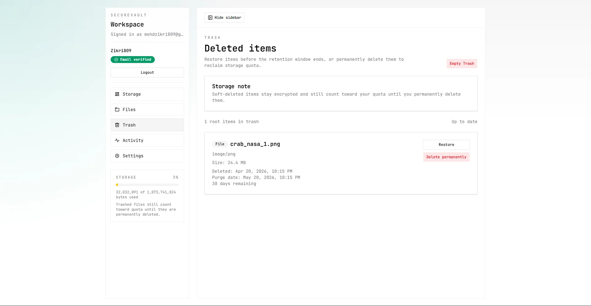 SecureVault trash section